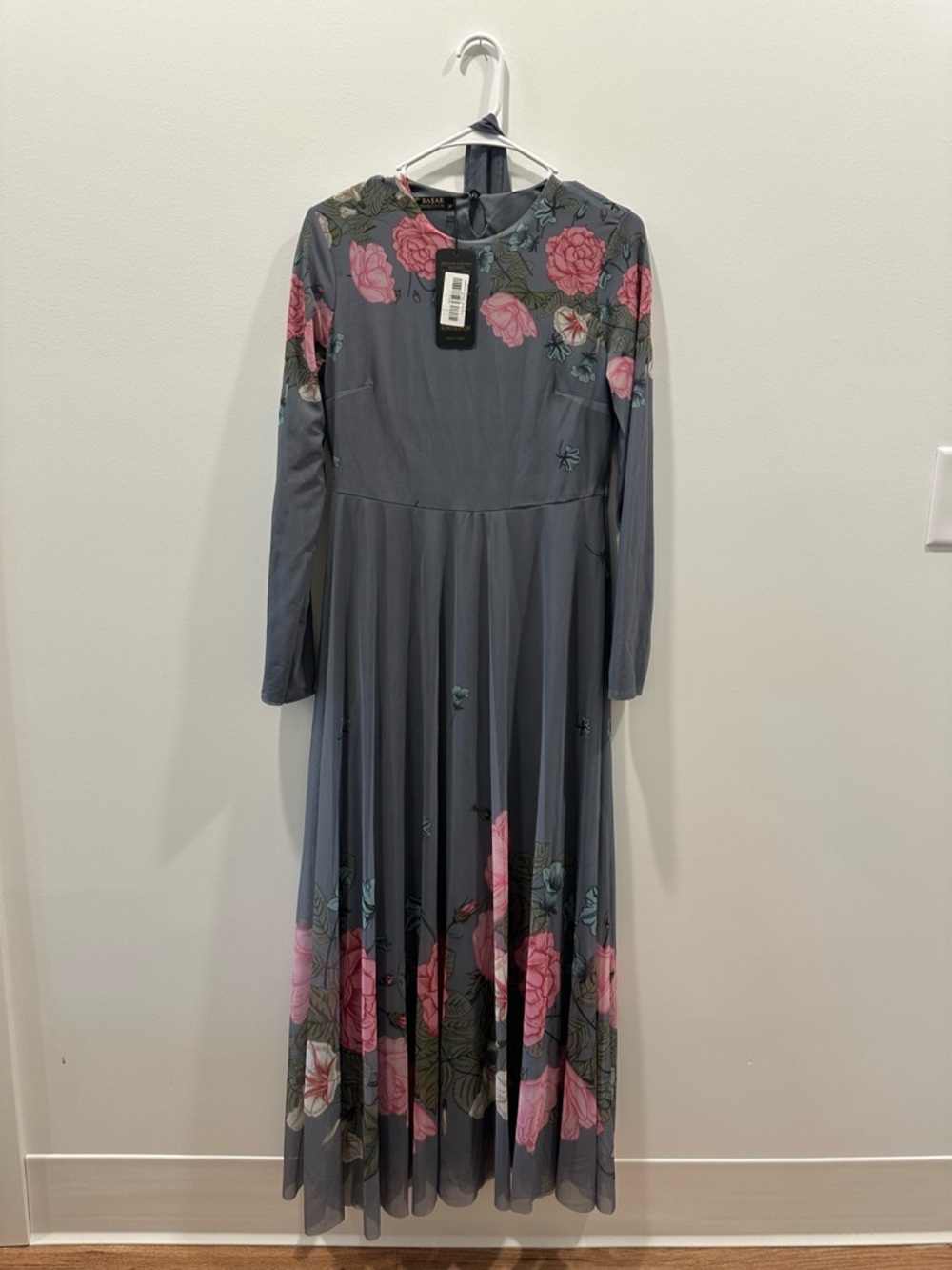 Basak Konfeksiyon Floral Maxi Dress, NWT, Gray Rose, Size 38, Made in Turkey
